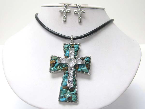 Crystal and natural chip stone deco cross pendant necklace earring set