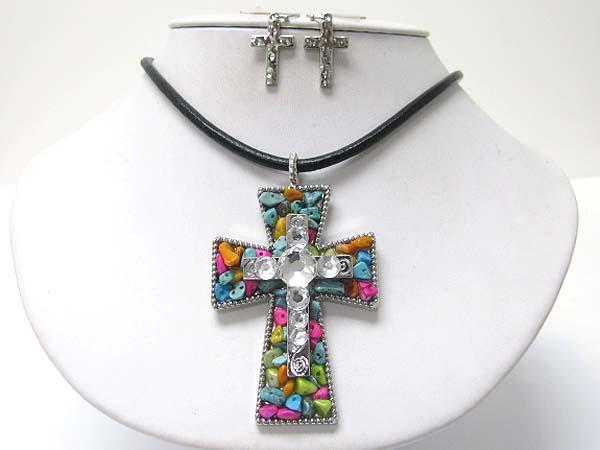 Crystal and natural chip stone deco cross pendant necklace earring set