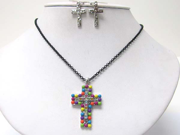 Pearl and crystal deco cross pendant neckalce earring set