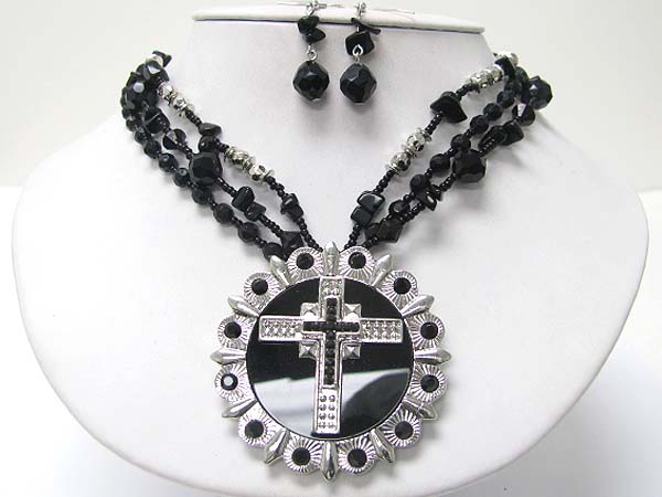 Crystal deco cross on round medallion neckalce earring set