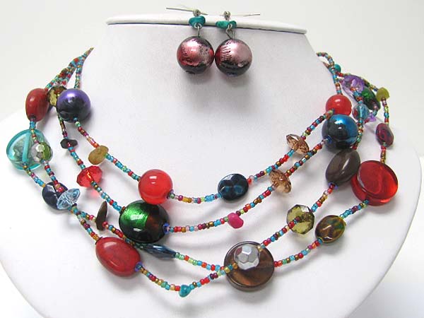 Multi row murano glass and ceramic ball link neckalce earring set