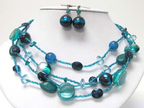 Multi row murano glass and ceramic ball link neckalce earring set