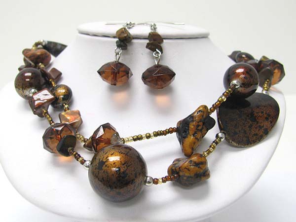 Double row facet glass beads and mixed stone link neckalce earring set