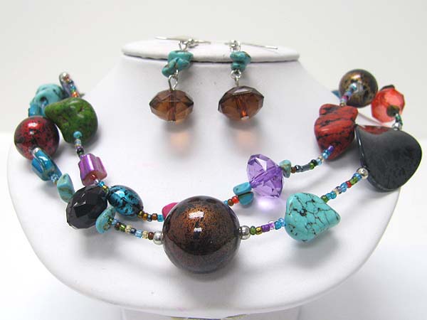 Double row facet glass beads and mixed stone link neckalce earring set