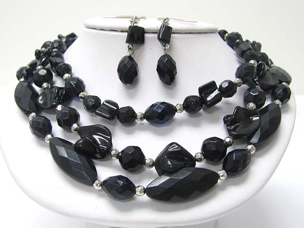 Triple row shell and facet acryl beads link necklace earring set