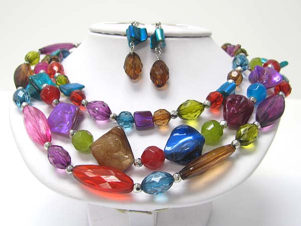 Triple row shell and facet acryl beads link necklace earring set