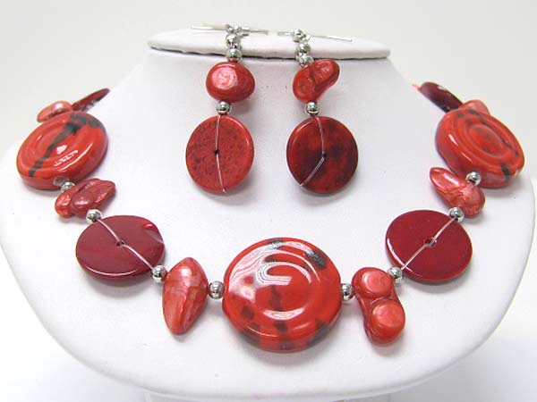 Ceramic disk and sea shell link necklace earring set