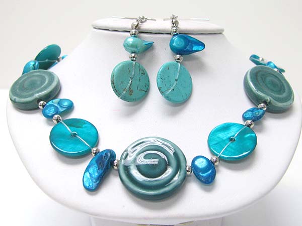 Ceramic disk and sea shell link necklace earring set