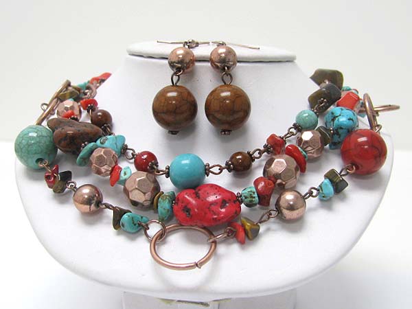 Triple row mixed natural stone and metal link necklaec earring set