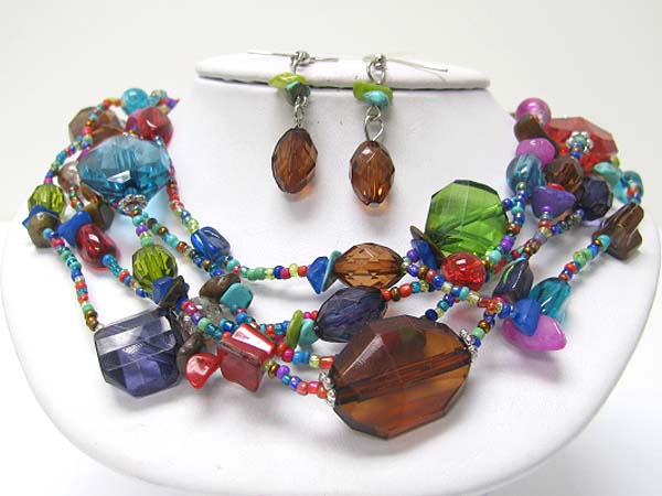 Multi row chunky acryl stone and seed beads link necklace earring set