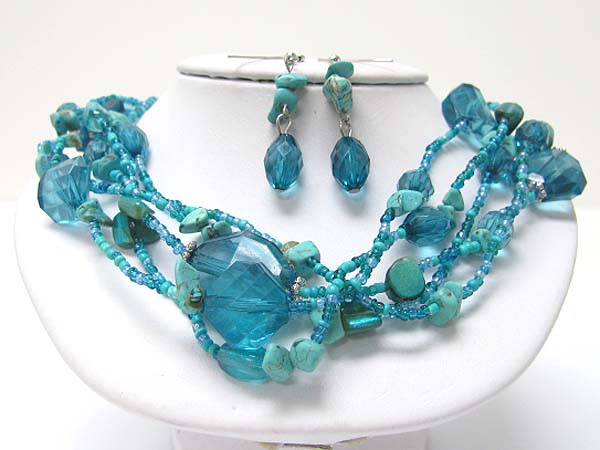 Multi row chunky acryl stone and seed beads link necklace earring set