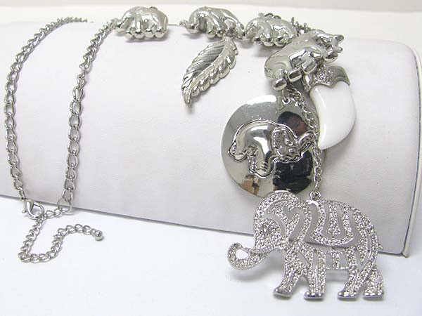 Multi metal elephant theme charm dangle long chain neckalce earring set