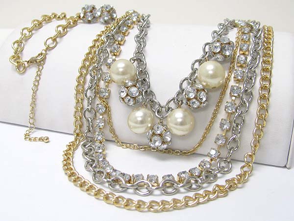 Pearl and crystal ball dangle multi chain long necklace earring set