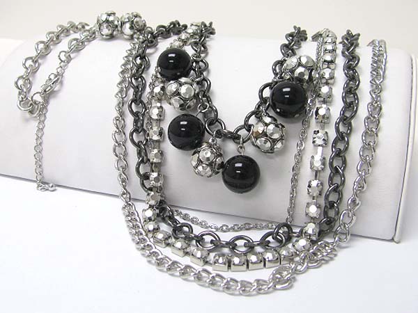 Pearl and crystal ball dangle multi chain long necklace earring set