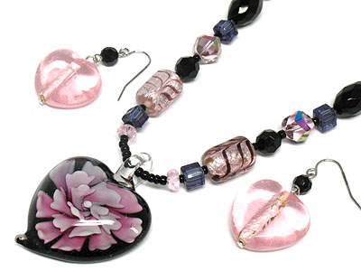 Flower heart glass necklace set