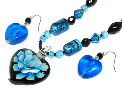 Flower heart glass necklace set