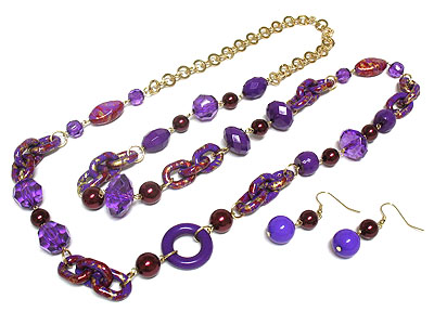 Patina beads link long necklace and earring set