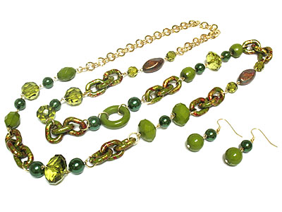 Patina beads link long necklace and earring set