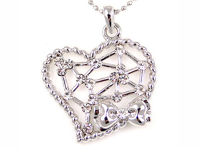 Made in korea whitegold plating crystal meshed heart and ribbon necklace