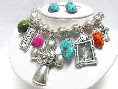 Mixed natural stone and photo frame and cross dangle neckalce earring set