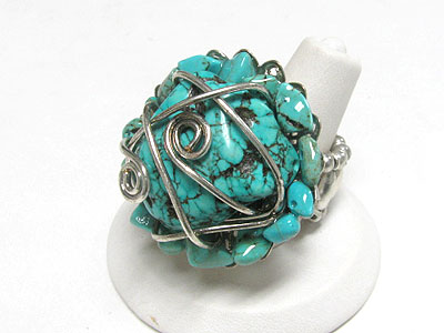 Metal wrapped turquoise stone stretch ring