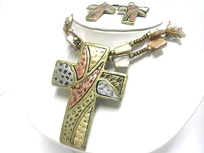 Motif style tri tone metal cross pendant necklace earring set