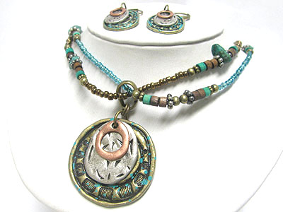 Patina style triple metal pendant and multi beads necklace earring set