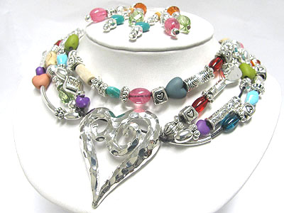 Multi  stone and glass ball and metal casting heart pendant necklace earring set