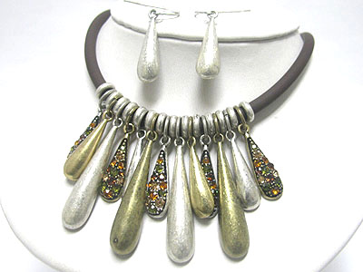 Tribal look crystal stud long metal bar drop necklace earring set