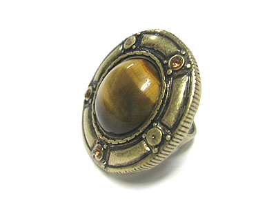 Natural stone and side crystal round ring - adjustable