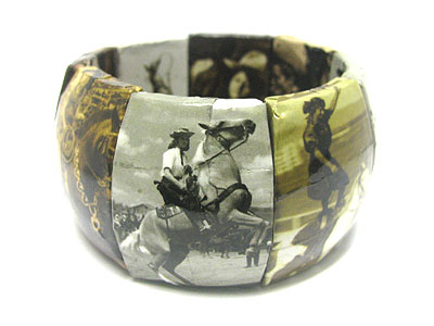 Paper art work round edge wood stretch bracelet - cowgirl theme 