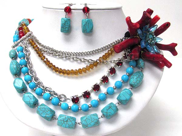 Torquoise and crystal link multi layered and coral flower corsage necklace earring set