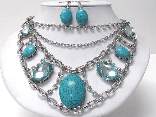 Facet glass and crystal deco bib style necklace earring set