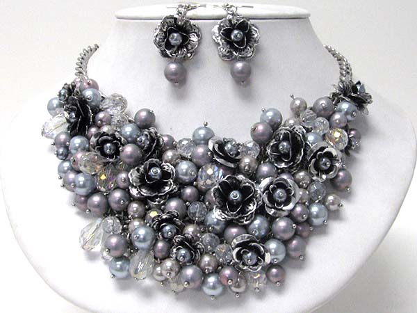 Metal flower and pearl deco bib necklace earring set