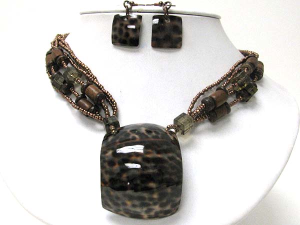 Leopard shell medal wood and glass seed beads multi strand necklace earring set 