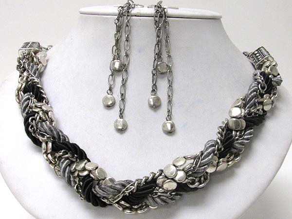 Multi rope and metal chain tangle braided necklace earring set