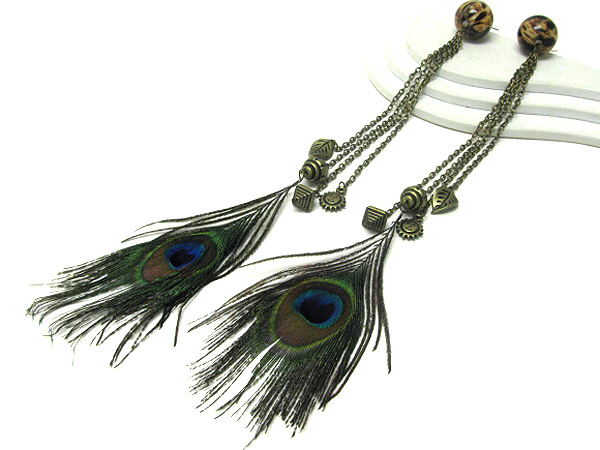 12 inch super long peacock feather drop earrings