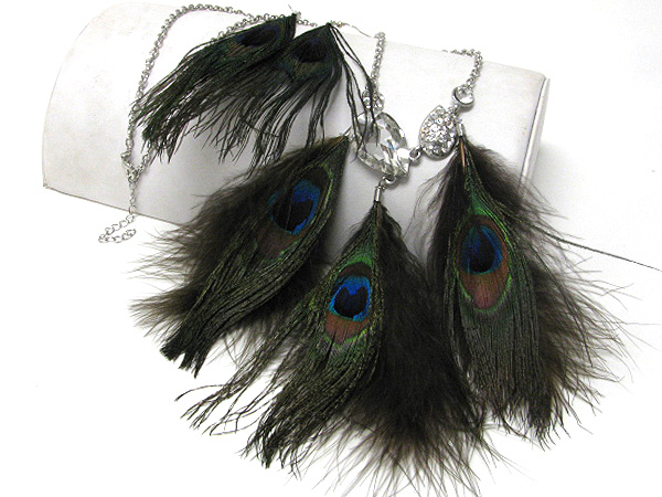 Multi peacock feather long necklace earring set