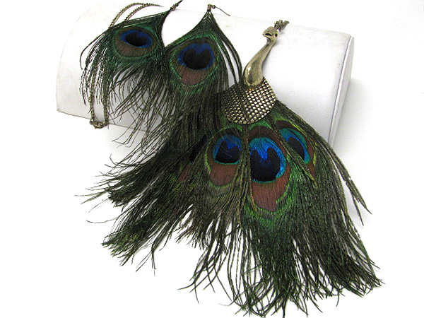 Metal peacock and feather tailed necklace earring set