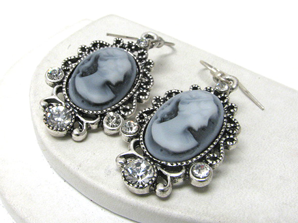 Crystal deco and metal filigree cameo earrings