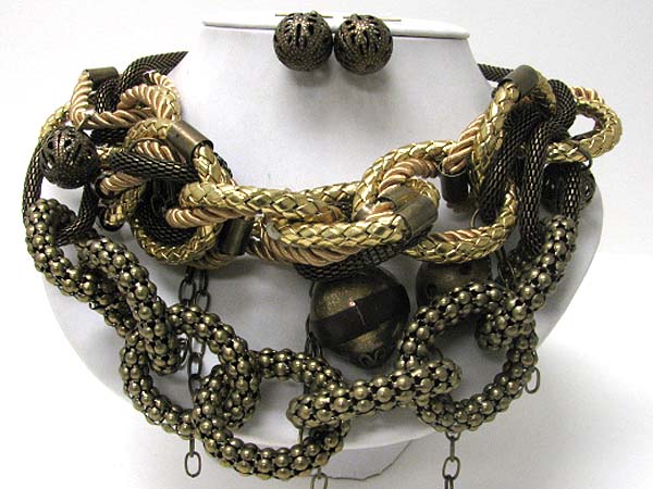 Mixd massive metal chain and rope necklace earring set