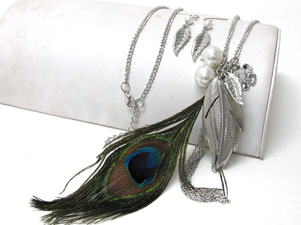 Peacock feather and mixed charm dangle long necklace earring set