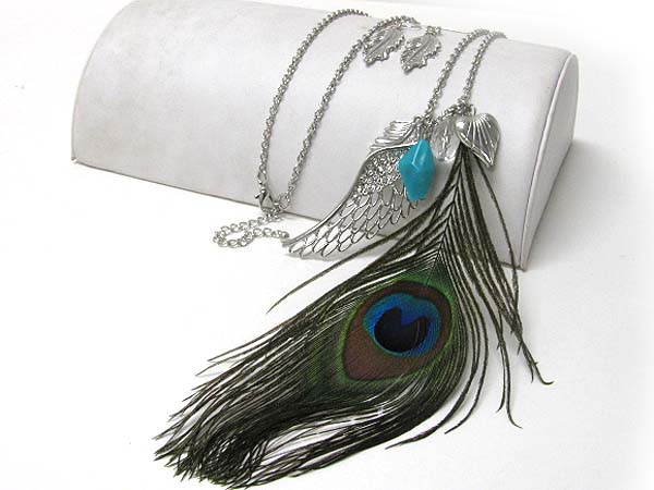 Peacock feather and mixed charm dangle long necklace earring set