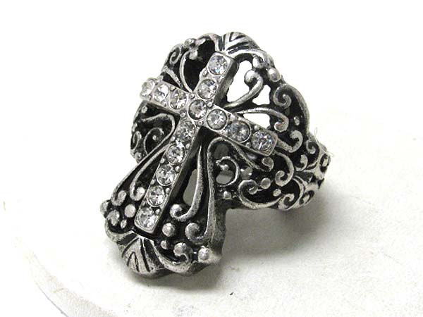 Crystal stud textured metal cross stretch ring