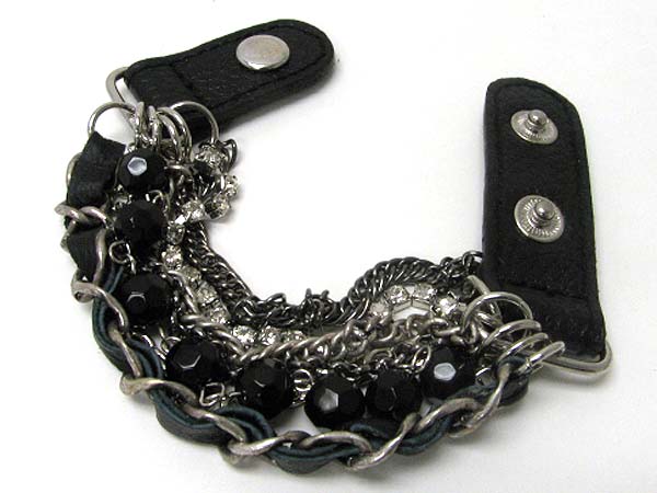 Glass beads and mxed metal chain link leather wrist band