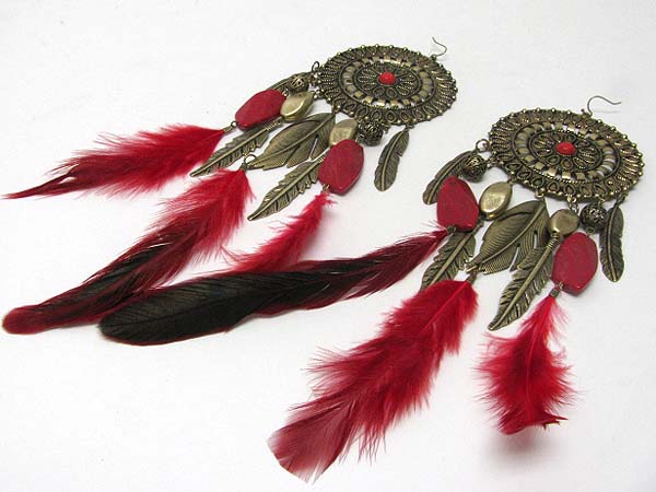 Genuine natural feather drop round earring