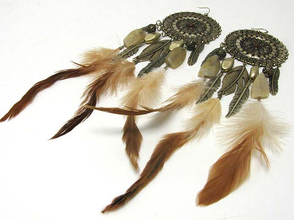 Genuine natural feather drop round earring