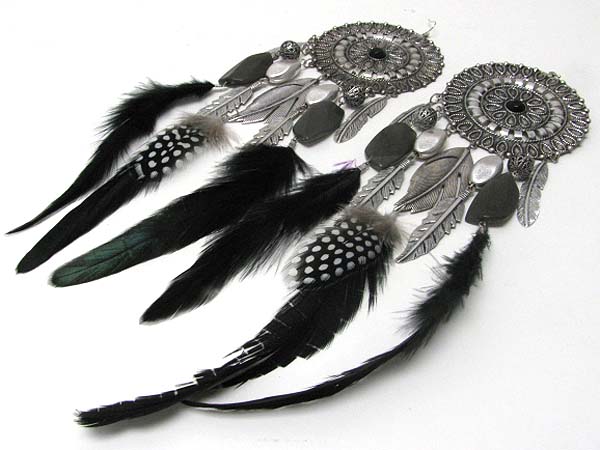 Genuine natural feather drop round earring