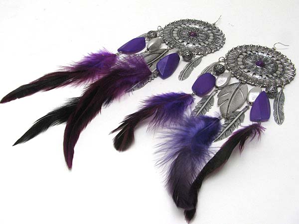 Genuine natural feather drop round earring