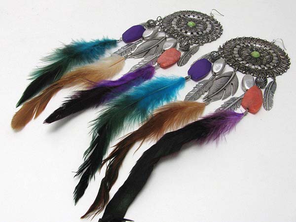 Genuine natural feather drop round earring